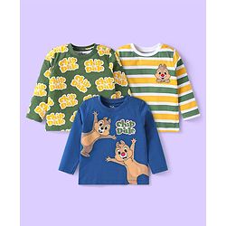 Babyhug Disney Single Jersey Knit Full Sleeves T-Shirts with Stripes & Chip N Dale Graphics Pack of 3 - Blue & Green
