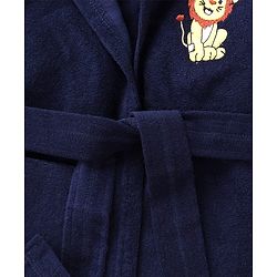 Babyhug Terry Knit Full Sleeve Hooded Bathrobe with Elastic at Waist & Lion Embroidery - Navy Blue