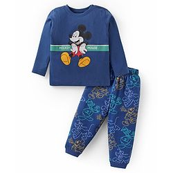 Babyhug Disney Single Jersey Knit Full Sleeves Night Suit with Mickey Mouse Graphics - Navy Blue