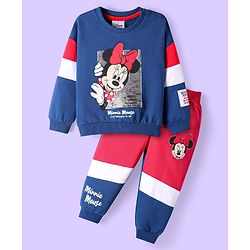 Babyhug Disney Cotton Knit Full Sleeves Cut & Sew Minnie Mouse Printed Sweatshirt & Track Set with Sequin & Badge Detailing - Blue & Red