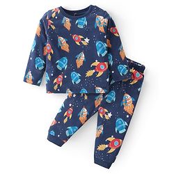 Babyhug Cotton Knit Full Sleeves Night Suit With Space Rockets Print - Navy