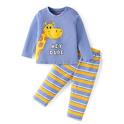 Babyhug Cotton Knit Full Sleeves Night Suit With Giraffe Print - Royal Blue