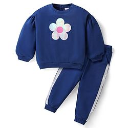 Babyhug Terry Knit Full Sleeves Top with Lounge Pant Floral Print - Navy Blue