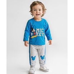 Babyhug Disney Single Jersey Knit Full Sleeves T-Shirt & Lounge Pant Set With Mickey Mouse Graphics - Blue & Grey
