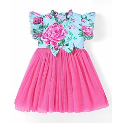 Babyhug Cotton Woven Frill Sleeves Floral Printed Frock With Bow Applique - Sea Green & Pink