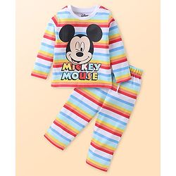 Babyhug Disney Cotton Knit Full Sleeves Striped Night Suit With Mickey Mouse Graphics - Red