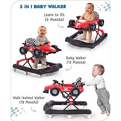 Babyhug F1 Little Racer Foldable Activity Walker with Adjustable Height|Music & Lights|Steering Wheel with Comfy Seat & Push Handle - Red