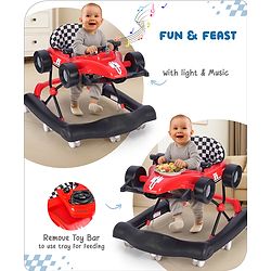 Babyhug F1 Little Racer Foldable Activity Walker with Adjustable Height|Music & Lights|Steering Wheel with Comfy Seat & Push Handle - Red