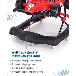Babyhug F1 Little Racer Foldable Activity Walker with Adjustable Height|Music & Lights|Steering Wheel with Comfy Seat & Push Handle - Red
