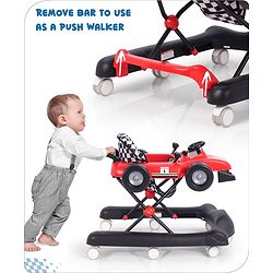 Babyhug F1 Little Racer Foldable Activity Walker with Adjustable Height|Music & Lights|Steering Wheel with Comfy Seat & Push Handle - Red