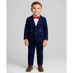 Babyhug Woven Full Sleeves Solid Colour 3 Piece Party Suit With Bow - Navy Blue & White