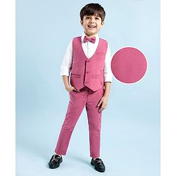Babyhug Woven Full Sleeves Solid Color 3 Piece Party Suit with Bow - Pink