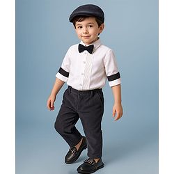 Babyhug Knit Full Sleeves Solid Colour Shirt & Trouser Set With Bow & Hat - White & Navy Blue