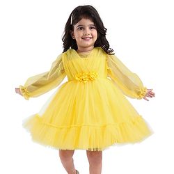 Babyhug Woven Full Sleeves Party Dress With Floral Corsage - Yellow