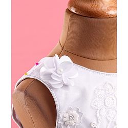 Babyhug Woven Sleeveless Floral Embroidered Fit & Flared Party Frock with Lace Cut Detailing & Corsage - White