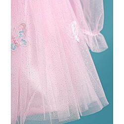 Babyhug Woven Full Puffed Sleeves Party Dress With Butterfly Applique & Pearl Detailing - Baby Pink