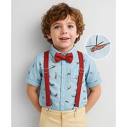 Babyhug Woven Full Sleeves Aeroplane Printed Party Shirt with Bow & Suspender - Light Blue