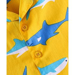 Babyhug Cotton Woven Full Sleeves Front Open Collared Night Suit Whale Print - Mustard
