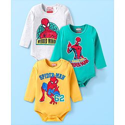 Babyhug Marvel Interlock Knit Full Sleeves Spider Man Printed Onesies Pack of 3 - Yellow Blue & White