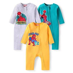 Babyhug Marvel Interlock Knit Full Sleeves Rompers With Spiderman Graphics Pack of 3 - Yellow Blue & Grey