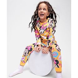 Babyhug Disney Single Jersey Knit Full Sleeves Night Suit with Minnie Mouse Graphics- Light Orange
