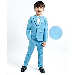 Babyhug Woven Full Sleeves Solid Colour 3 Piece Party Suit With Bow - Blue