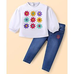 Babyhug Single Jersey Knit Full Puffed Sleeves Top & Denim Jeans Set With Floral Print & Embroidery - White & Blue