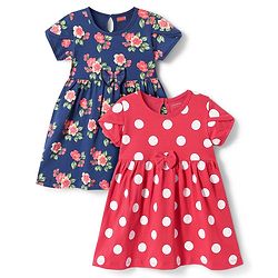 Babyhug Single Jersey Knit Half Sleeves Floral & Polka Dots Printed Frocks with Bow Applique Pack of 2 - Red & Navy Blue