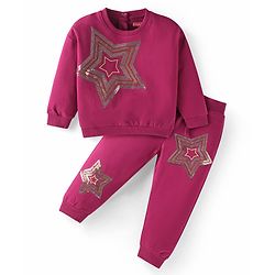Babyhug Terry Knit Full Sleeves Sweatshirt & Joggers Set with Sequined Star Detailing - Maroon