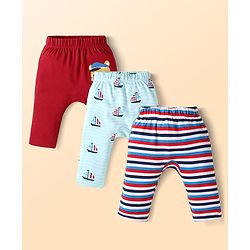 Babyhug Cotton Knit Full Length Diaper Leggings with Ship Print & Stripes Pack of 3 - Red Light Blue & White