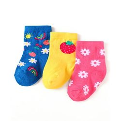 Cute Walk by Babyhug Knit Ankle Length Socks With Floral & Fruit Design Pack of 3 - Blue Yellow & Pink