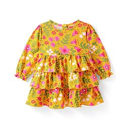 Babyhug Cotton Knit Full Peasant Sleeves Floral Printed Layered Frock & Bow Applique - Yellow