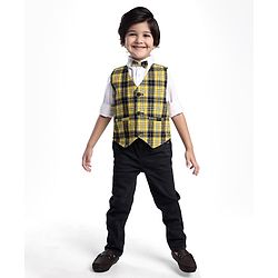 Babyhug Woven Full Sleeves Checkered 3 Piece Party Suit with Bow - Yellow & Black