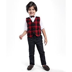 Babyhug Woven Full Sleeves Shirt & Jeans With Checkered Waistcoat & Bow - Red White & Black