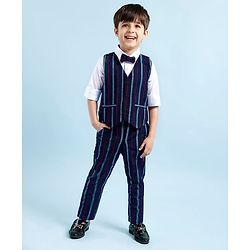 Babyhug Woven Full Sleeves Striped 3 Piece Party Suit With Bow - Navy Blue