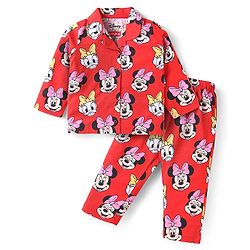 Babyhug Disney Single Jersey Knit Full Sleeves Front Open Night Suit With Minnie Mouse Graphics - Red