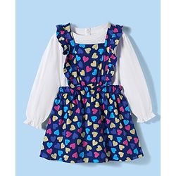 Babyhug Cotton Knit Full Peasant Sleeves Solid Colour Top & Heart Printed Frock - Navy Blue
