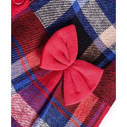 Babyhug Cotton Knit Half Puffed Sleeves Checkered Collared Winter Frock with Bow Applique - Dark Red