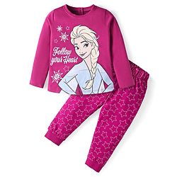 Babyhug Disney Single Jersey Knit Full Sleeves Night Suit with Frozen Graphics - Dark Pink