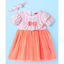 Babyhug Single Jersey Knit Half Sleeves Striped Frock with Bow Frill Detailing & Headband - White & Peach