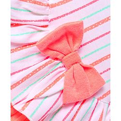 Babyhug Single Jersey Knit Half Sleeves Striped Frock with Bow Frill Detailing & Headband - White & Peach