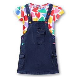 Babyhug Woven Denim Frock With Half Sleeves Heart Printed Inner Tee - Navy Blue & White
