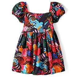Babyhug Poplin Woven Half Puffed Sleeves Printed Frock - Black Red & Green