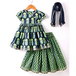 Babyhug Cotton Woven Half Puffed Sleeves Cambric Printed Lehenga Choli & Dupatta Set - Navy Blue & Green