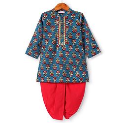 Babyhug Woven Full Sleeves Kurta Dhoti Set Floral Print - Teal Blue