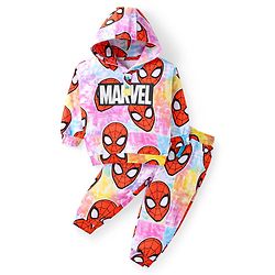 Babyhug Marvel Terry Knit Full Sleeves Hooded Sweatjacket & Joggers Set with Spiderman Graphics - Red Pink & Blue