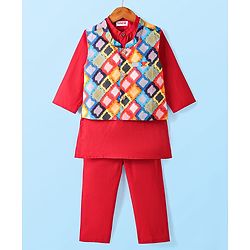 Babyhug Cambric Woven Full Sleeves Solid Color Kurta Pyjama Set with Printed Jacket - Red