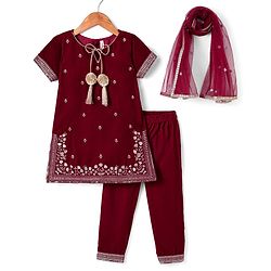 Babyhug Woven Half Sleeves Velvet Embroidered Kurti Churidar & Dupatta Set - Dark Red