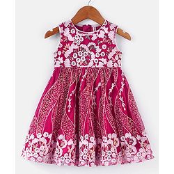 Babyhug Woven Sleeveless Floral Embroidered Ethnic Dress with Sequin Detailing - Dark Pink