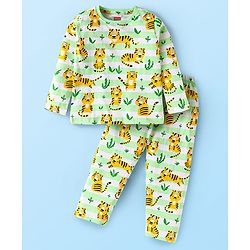 Babyhug Cotton Knit Full Sleeves Animal Printed Night Suit - Light Green